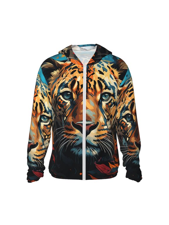 Women Men Sun Protection Hoodie Jacket Zip Long Sleeve Shirt Hiking Outdoor , Cheetah Leopard Print Tiger Cool Art