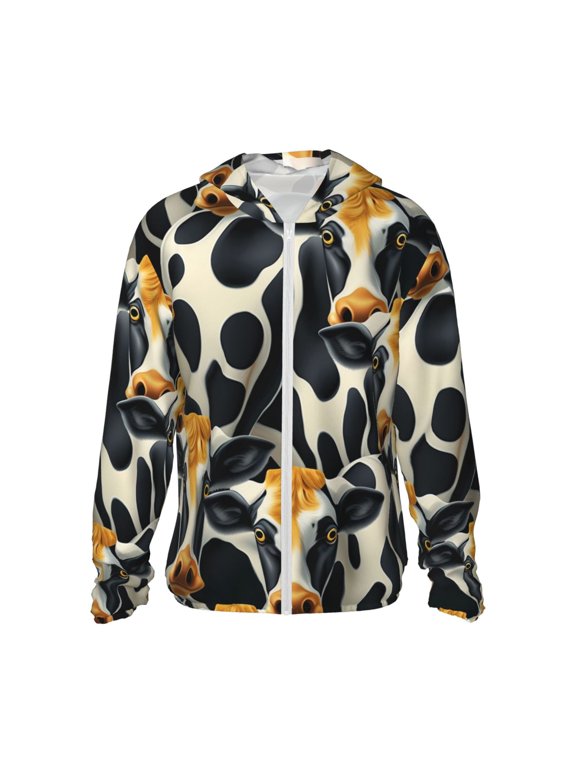 Women Men Sun Protection Hoodie Jacket Zip Long Sleeve Shirt Hiking Outdoor , Cow Cool Print