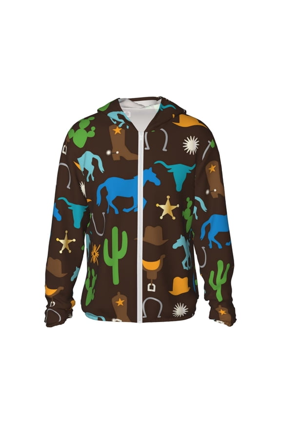 Women Men Sun Protection Hoodie Jacket Zip Long Sleeve Shirt Hiking Outdoor , Cowboy Western West Horse Cactus