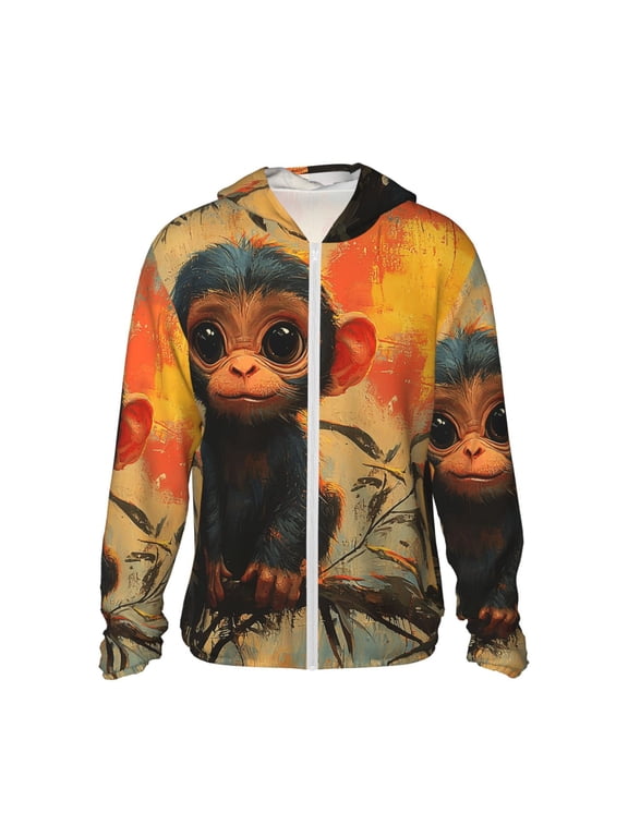 Women Men Sun Protection Hoodie Jacket Zip Long Sleeve Shirt Hiking Outdoor , Cute Monkey Retro