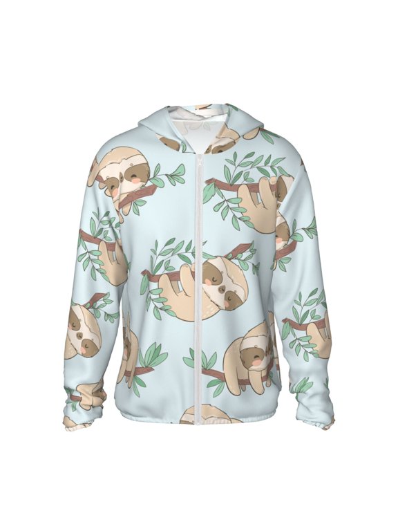 Women Men Sun Protection Hoodie Jacket Zip Long Sleeve Shirt Hiking Outdoor , Cute Sloths Branch Leaves