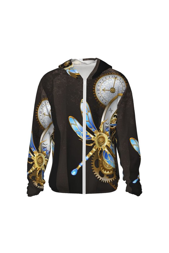 Women Men Sun Protection Hoodie Jacket Zip Long Sleeve Shirt Hiking Outdoor , Dials With Dragonfly Steampunk Gold Clock