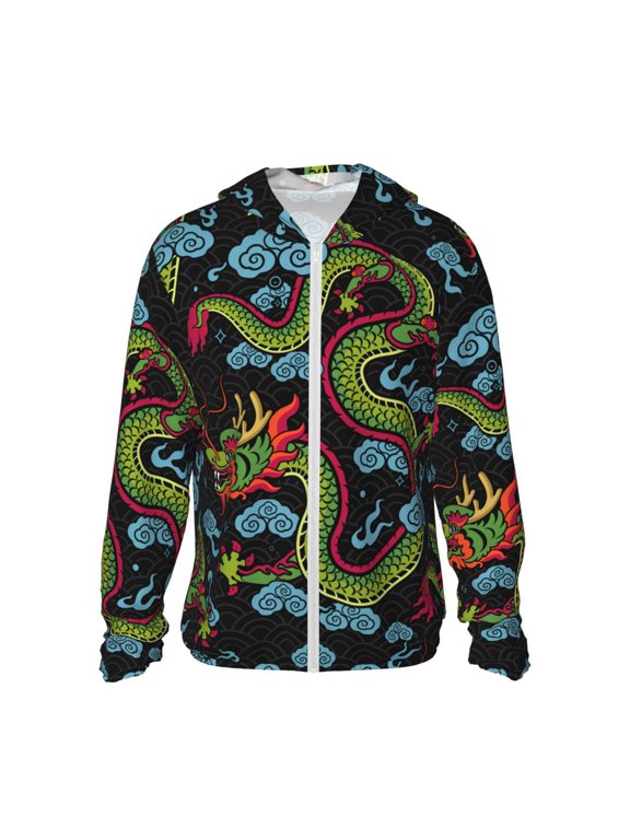 Women Men Sun Protection Hoodie Jacket Zip Long Sleeve Shirt Hiking Outdoor , Dragon Asian Chinese Zodiac