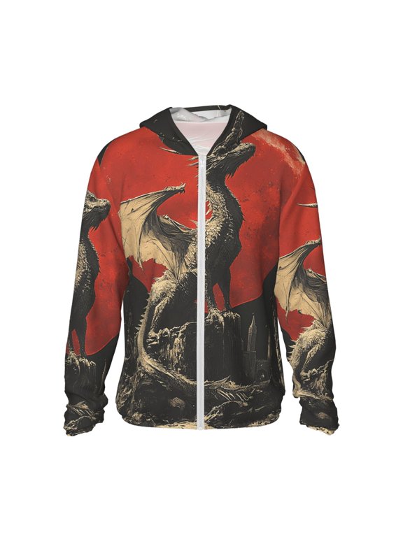 Women Men Sun Protection Hoodie Jacket Zip Long Sleeve Shirt Hiking Outdoor , Dragon Gothic Retro Red Moon