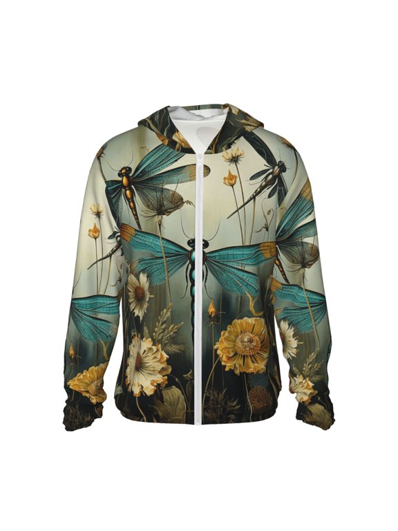 Women Men Sun Protection Hoodie Jacket Zip Long Sleeve Shirt Hiking Outdoor , Dragonflies Painting Vintage