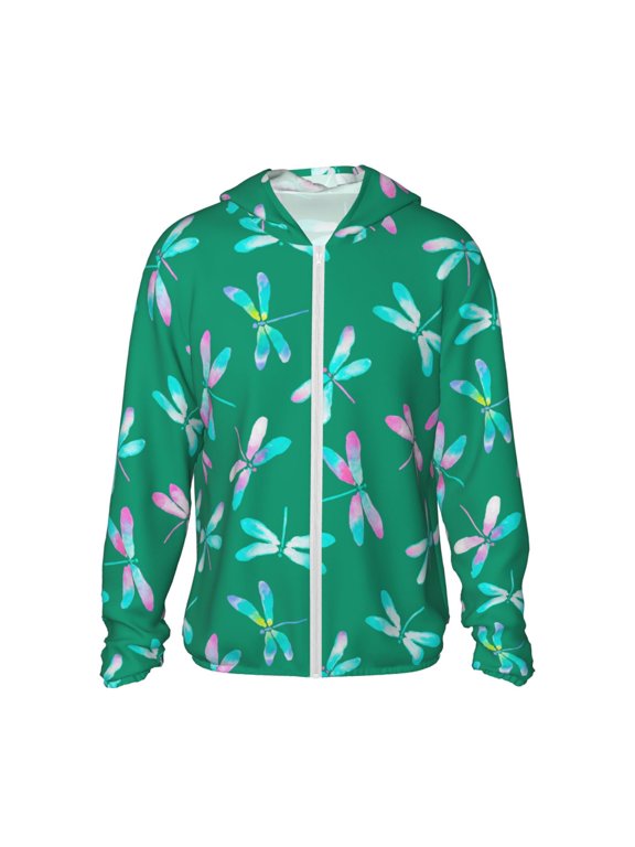 Women Men Sun Protection Hoodie Jacket Zip Long Sleeve Shirt Hiking Outdoor , Dragonfly Dragonflies Green Pink