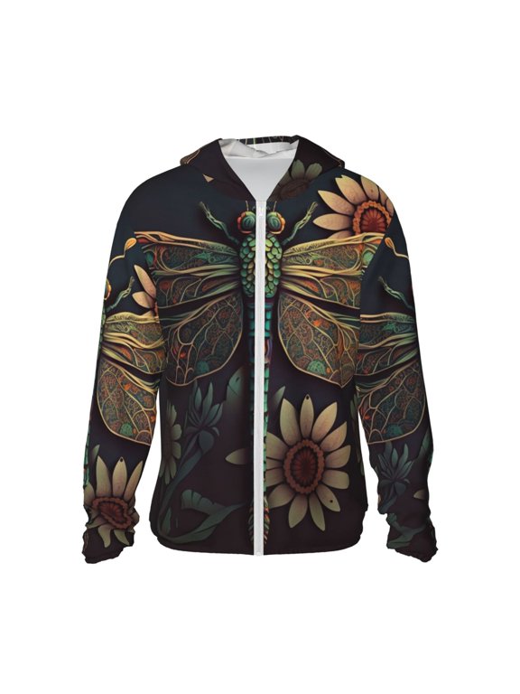 Women Men Sun Protection Hoodie Jacket Zip Long Sleeve Shirt Hiking Outdoor , Dragonfly Flower Retro Vintage