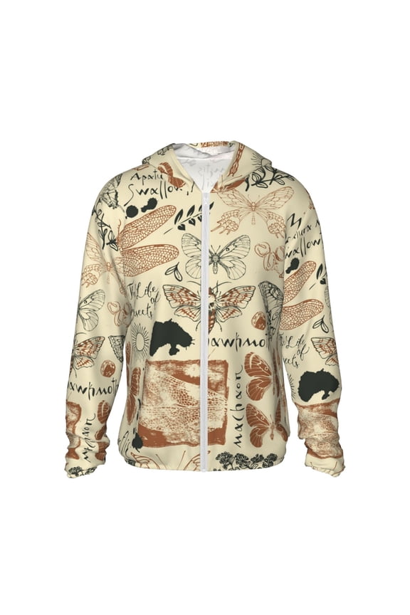Women Men Sun Protection Hoodie Jacket Zip Long Sleeve Shirt Hiking Outdoor , Dragonfly Moth Vintage Butterfly