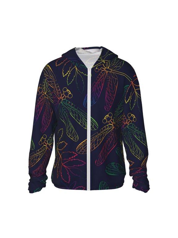 Women Men Sun Protection Hoodie Jacket Zip Long Sleeve Shirt Hiking Outdoor , Dragonfly Rainbow Dragonflies