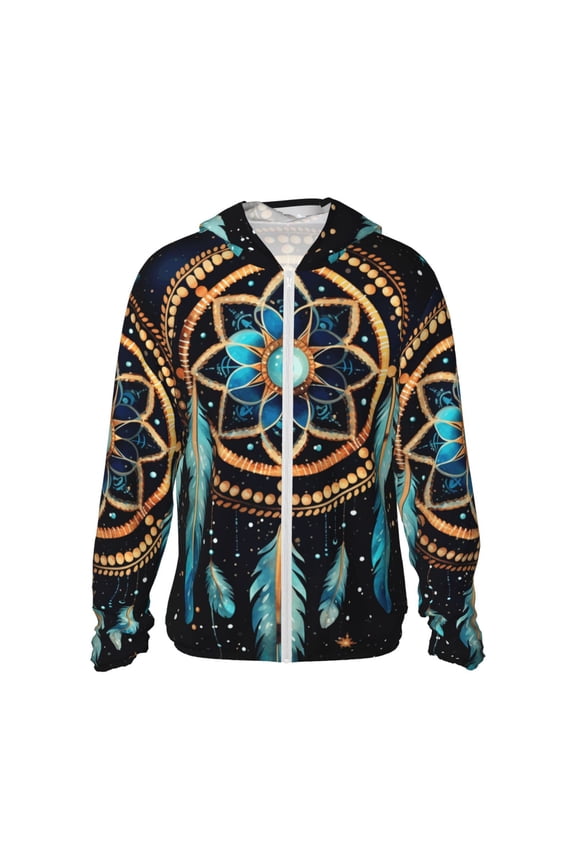 Women Men Sun Protection Hoodie Jacket Zip Long Sleeve Shirt Hiking Outdoor , Dream Native American Indian Tribal Starry