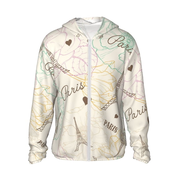 Women Men Sun Protection Hoodie Jacket Zip Long Sleeve Shirt Hiking Outdoor , Eifel Tower Paris Flower Vintage