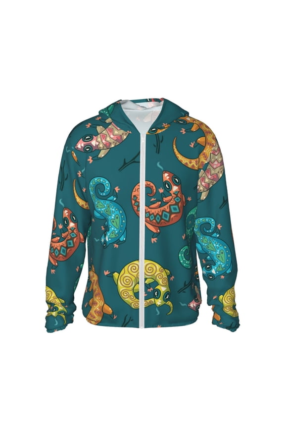 Women Men Sun Protection Hoodie Jacket Zip Long Sleeve Shirt Hiking Outdoor , Electric Gecko Lizards Psychedelic