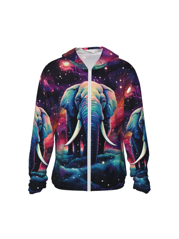 Women Men Sun Protection Hoodie Jacket Zip Long Sleeve Shirt Hiking Outdoor , Elephant Indian Starry Psychedelic Art