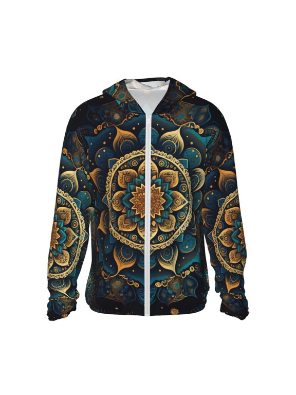 Women Men Sun Protection Hoodie Jacket Zip Long Sleeve Shirt Hiking Outdoor , Ethnic Bohemian Mandala Geometric