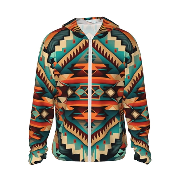 Women Men Sun Protection Hoodie Jacket Zip Long Sleeve Shirt Hiking Outdoor , Ethnic Geometric Navajo Native American Tribal Abstract