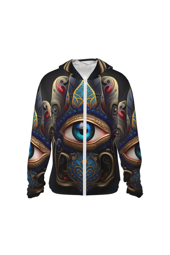 Women Men Sun Protection Hoodie Jacket Zip Long Sleeve Shirt Hiking Outdoor , Fatima Hamsa Hand Evil Eye Ornaments