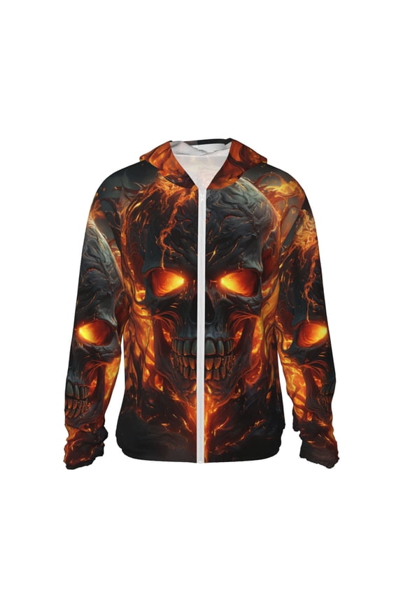 Women Men Sun Protection Hoodie Jacket Zip Long Sleeve Shirt Hiking Outdoor , Fire Skull Gothic Cool