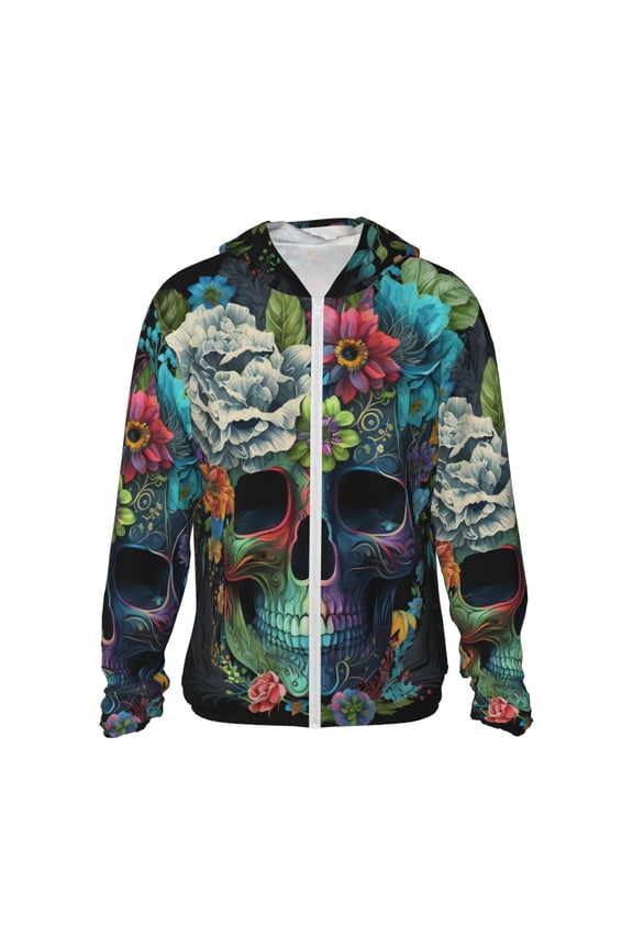 Women Men Sun Protection Hoodie Jacket Zip Long Sleeve Shirt Hiking Outdoor , Floral Sugar Skull Flowers