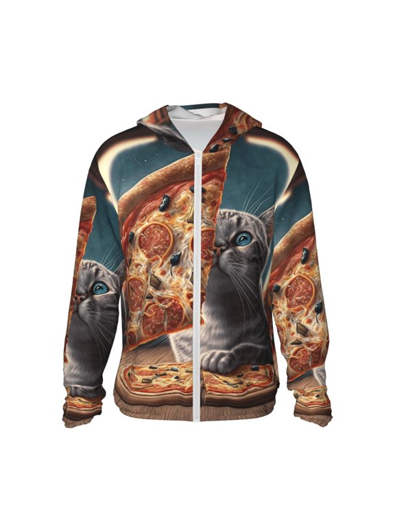 Women Men Sun Protection Hoodie Jacket Zip Long Sleeve Shirt Hiking Outdoor , Funny Cat Loves Pizza Art