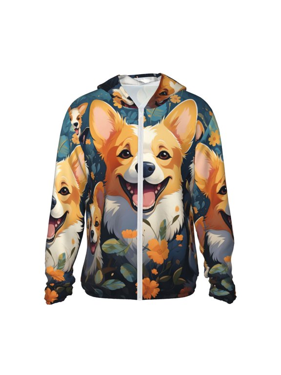 Women Men Sun Protection Hoodie Jacket Zip Long Sleeve Shirt Hiking Outdoor , Funny Cute Corgi Art