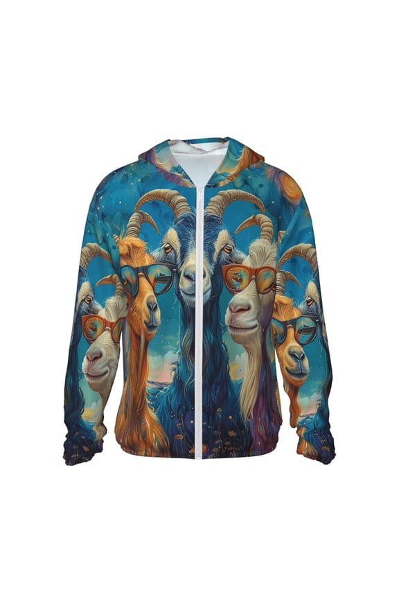 Women Men Sun Protection Hoodie Jacket Zip Long Sleeve Shirt Hiking Outdoor , Funny Goat Family Psychedelic Art