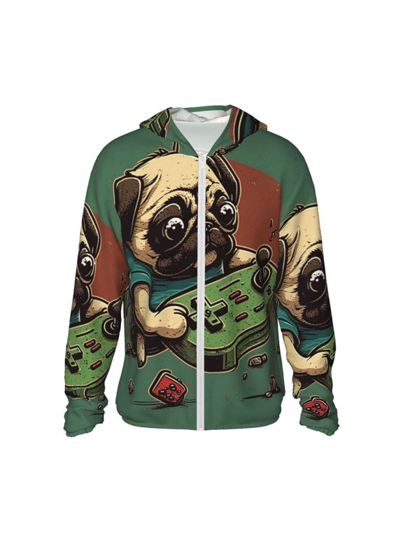 Women Men Sun Protection Hoodie Jacket Zip Long Sleeve Shirt Hiking Outdoor , Funny Pug Play Games Retro