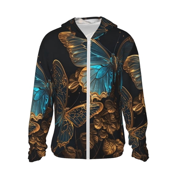 Women Men Sun Protection Hoodie Jacket Zip Long Sleeve Shirt Hiking Outdoor , Gold Blue Butterflies Golden Butterfly