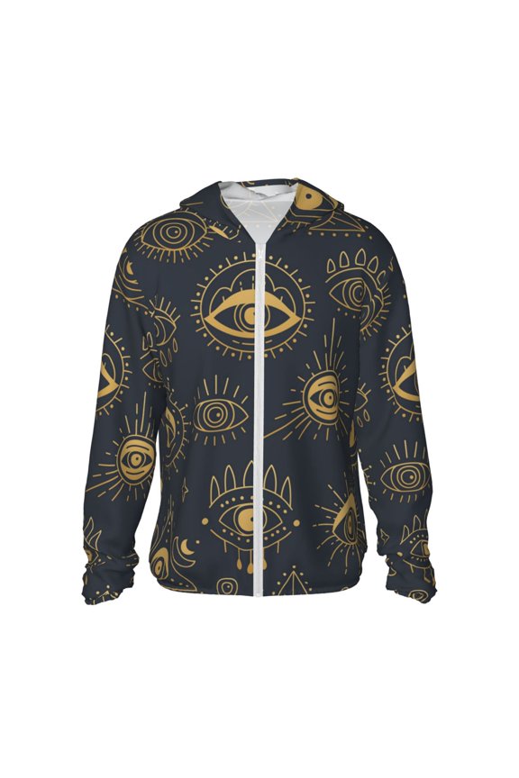 Women Men Sun Protection Hoodie Jacket Zip Long Sleeve Shirt Hiking Outdoor , Gold Evil Eye