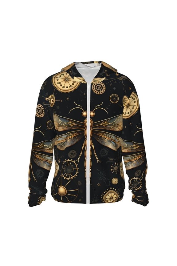 Women Men Sun Protection Hoodie Jacket Zip Long Sleeve Shirt Hiking Outdoor , Gold Steampunk Dragonfly Black Golden
