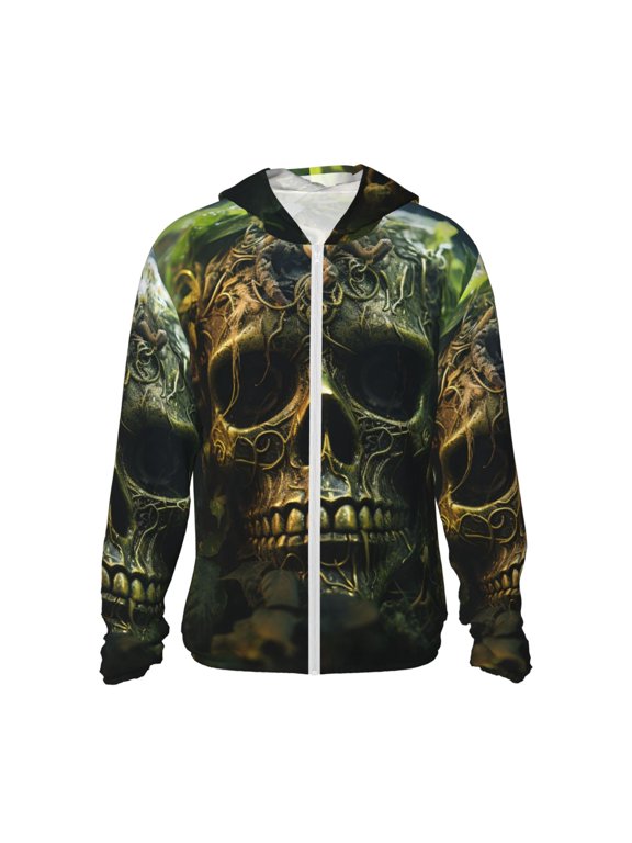 Women Men Sun Protection Hoodie Jacket Zip Long Sleeve Shirt Hiking Outdoor , Green Weed Cool Skull