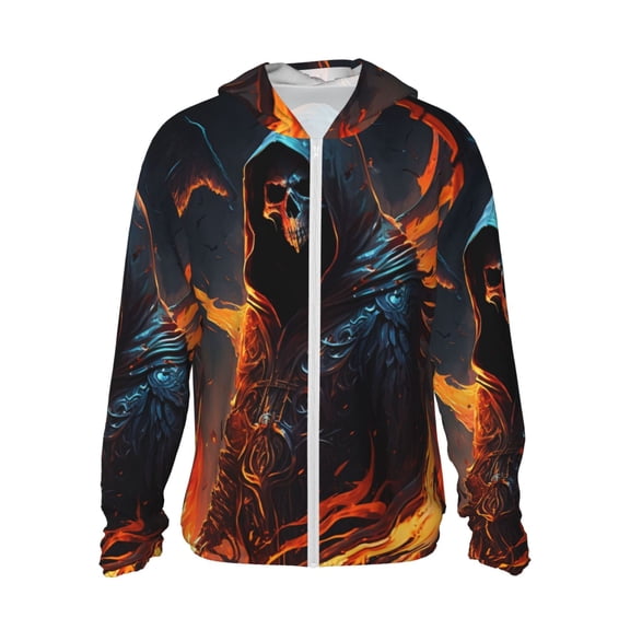 Women Men Sun Protection Hoodie Jacket Zip Long Sleeve Shirt Hiking Outdoor , Grim Reaper On Fire Burning