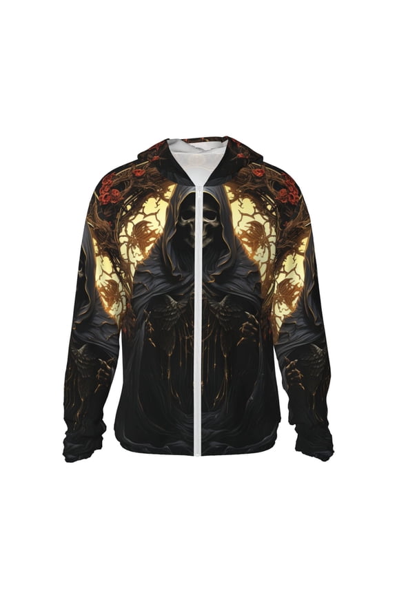 Women Men Sun Protection Hoodie Jacket Zip Long Sleeve Shirt Hiking Outdoor , Grim Reaper Skull Angel Skeleton Cool