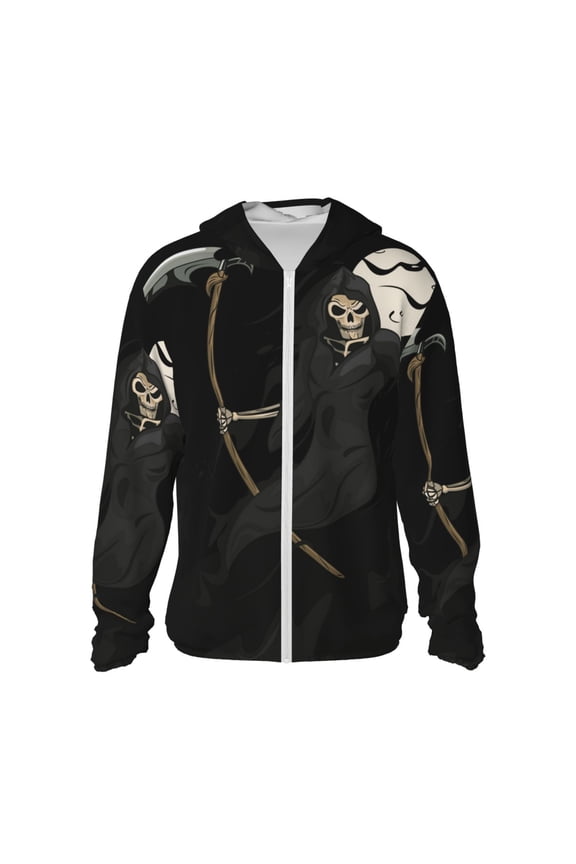 Women Men Sun Protection Hoodie Jacket Zip Long Sleeve Shirt Hiking Outdoor , Grim Reaper Skull Moon