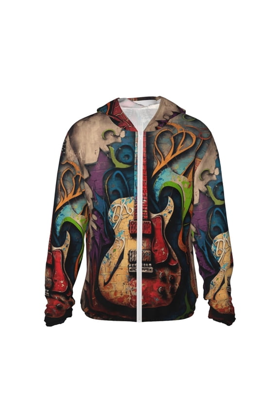 Women Men Sun Protection Hoodie Jacket Zip Long Sleeve Shirt Hiking Outdoor , Guitar Music Graffiti Street Wall Art