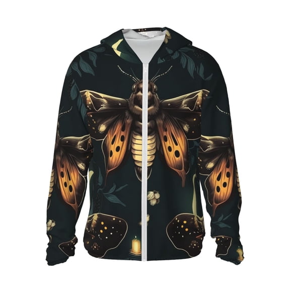 Women Men Sun Protection Hoodie Jacket Zip Long Sleeve Shirt Hiking Outdoor , Hawk Moth Fireflies Death Head Moon