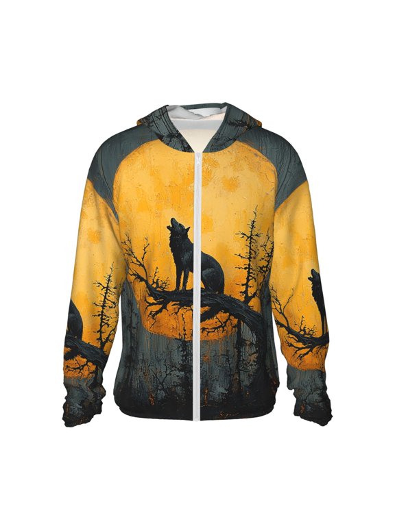 Women Men Sun Protection Hoodie Jacket Zip Long Sleeve Shirt Hiking Outdoor , Howling Wolf Moon Night Vintage