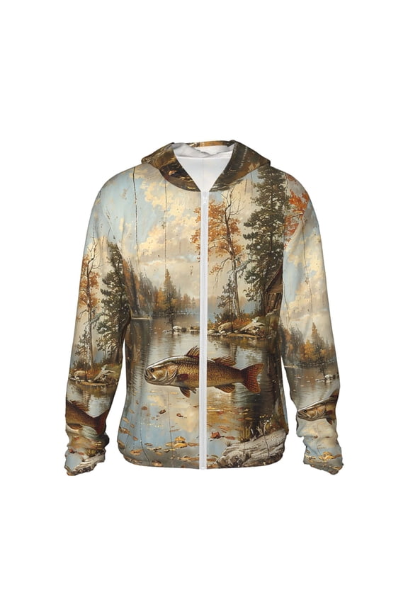 Women Men Sun Protection Hoodie Jacket Zip Long Sleeve Shirt Hiking Outdoor , Hunting Cabin Fish Leaf Fishing Vintage