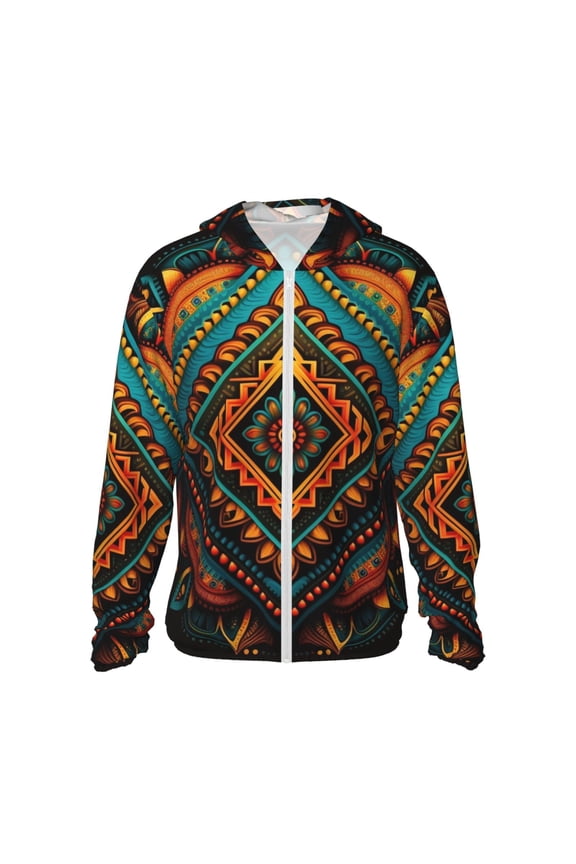 Women Men Sun Protection Hoodie Jacket Zip Long Sleeve Shirt Hiking Outdoor , Indian Tribal Ethnic Native