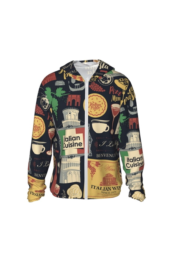 Women Men Sun Protection Hoodie Jacket Zip Long Sleeve Shirt Hiking Outdoor , Italian Cuisine Pasta Wine Pizza Retro