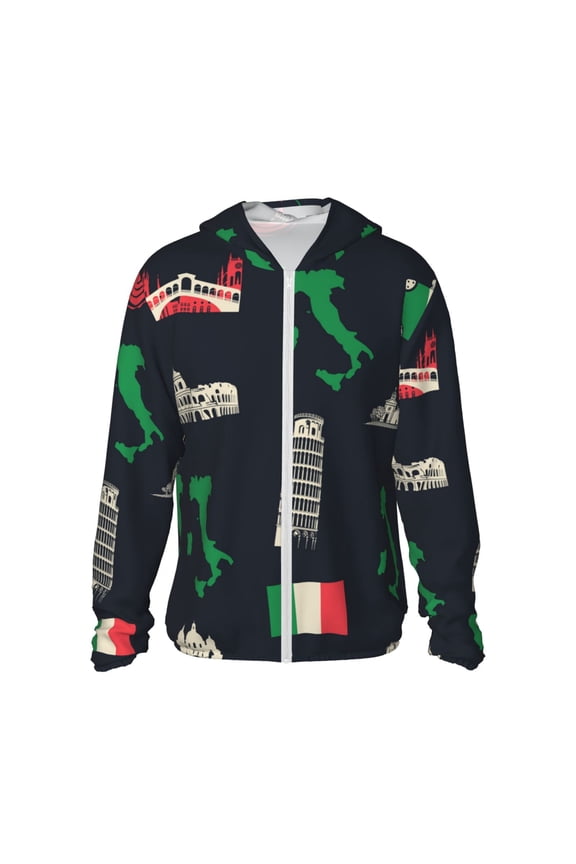 Women Men Sun Protection Hoodie Jacket Zip Long Sleeve Shirt Hiking Outdoor , Italy Flag Map Italian Black Retro