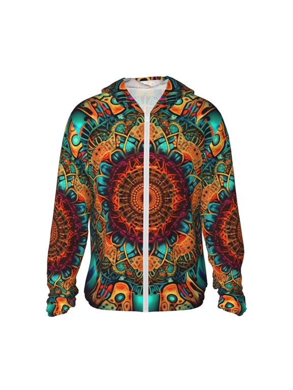 Women Men Sun Protection Hoodie Jacket Zip Long Sleeve Shirt Hiking Outdoor , Kaleidoscope Psychedelic Trippy Cool