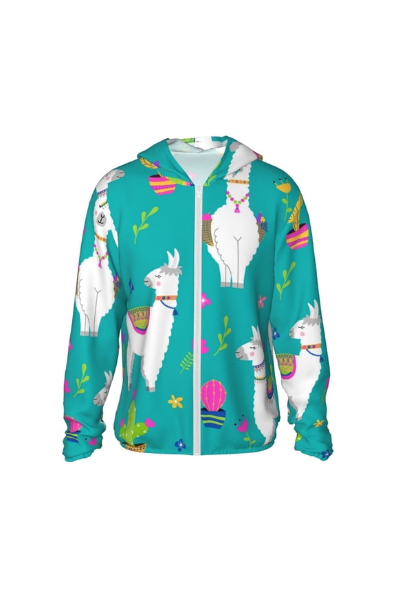 Women Men Sun Protection Hoodie Jacket Zip Long Sleeve Shirt Hiking Outdoor , Llama Alpaca Cactus Cartoon