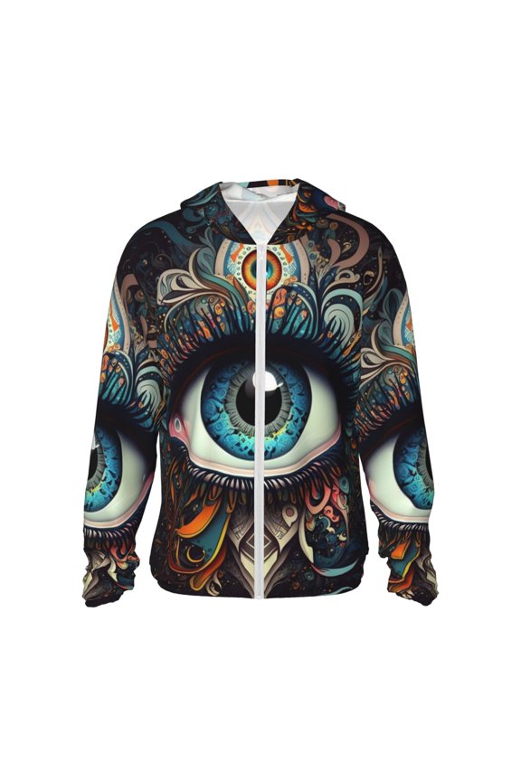 Women Men Sun Protection Hoodie Jacket Zip Long Sleeve Shirt Hiking Outdoor , Magic Evil Eyes Psychedelic