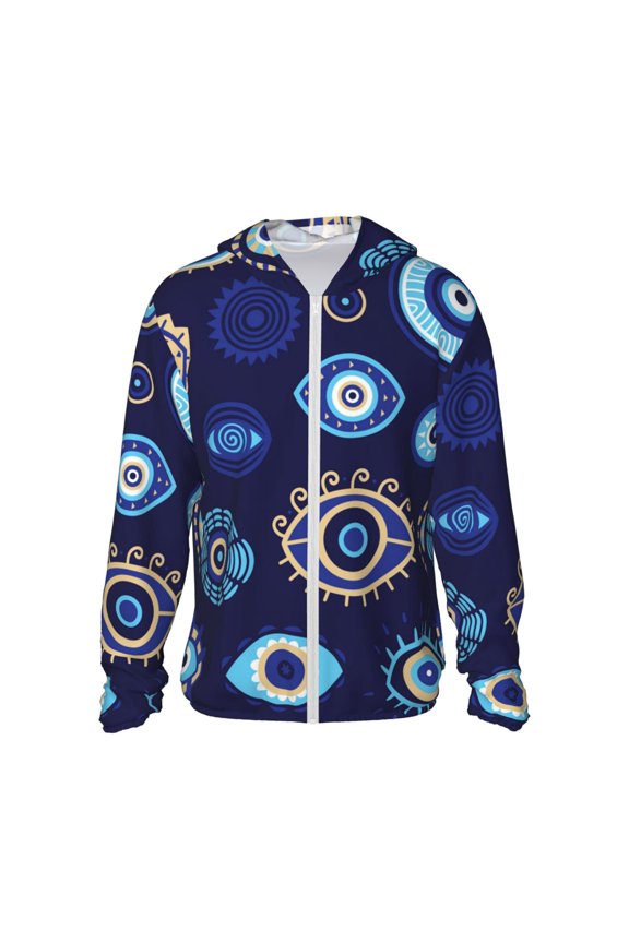 Women Men Sun Protection Hoodie Jacket Zip Long Sleeve Shirt Hiking Outdoor , Magic Evil Eyes