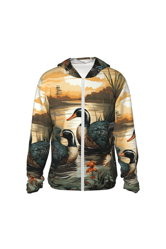 Women Men Sun Protection Hoodie Jacket Zip Long Sleeve Shirt Hiking Outdoor , Mallards Duck Hunting Art Vintage