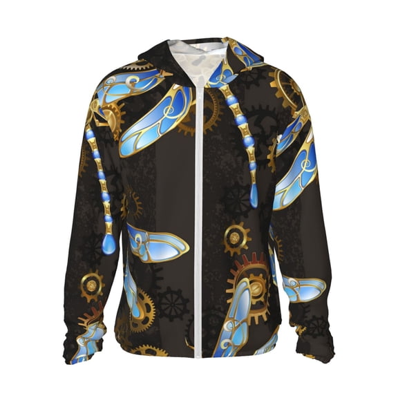 Women Men Sun Protection Hoodie Jacket Zip Long Sleeve Shirt Hiking Outdoor , Mechanical Dragonflies Gold Steampunk