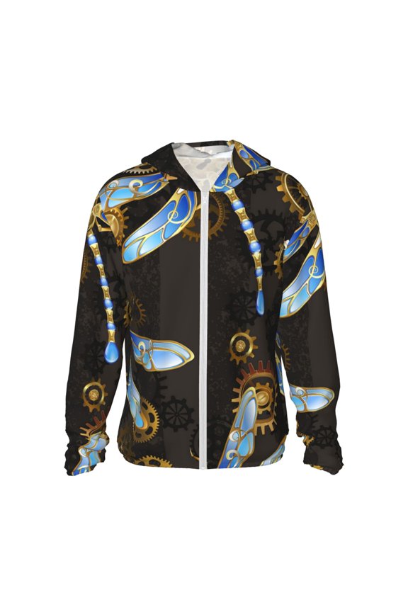 Women Men Sun Protection Hoodie Jacket Zip Long Sleeve Shirt Hiking Outdoor , Mechanical Dragonflies Gold Steampunk