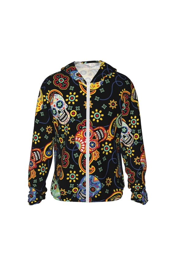 Women Men Sun Protection Hoodie Jacket Zip Long Sleeve Shirt Hiking Outdoor , Mexican Skull Paisley