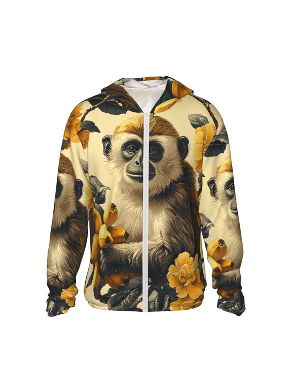 Women Men Sun Protection Hoodie Jacket Zip Long Sleeve Shirt Hiking Outdoor , Monkey Banana Patterns Vintage