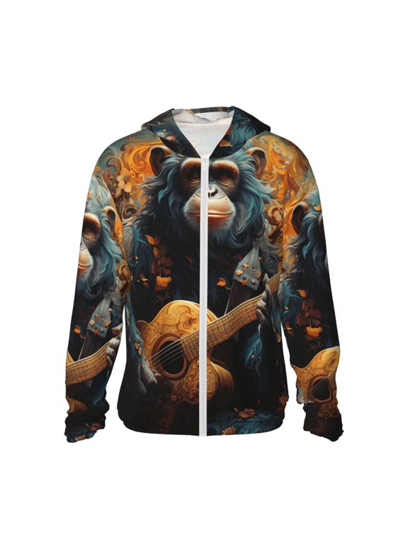Women Men Sun Protection Hoodie Jacket Zip Long Sleeve Shirt Hiking Outdoor , Monkey Playing Guitar Art